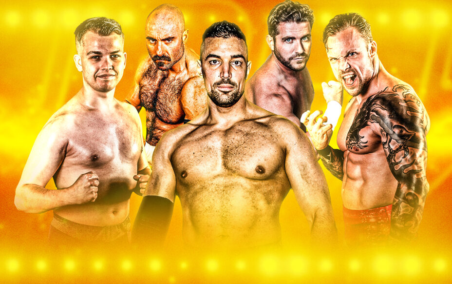 A composite image of five wrestlers posing against a yellow background