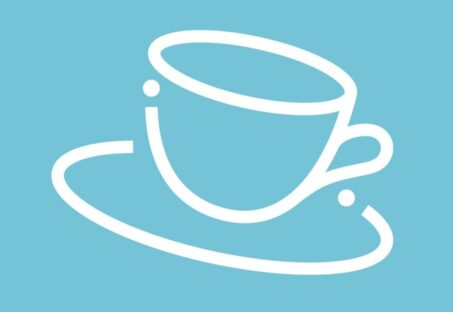 An white line illustration of a coffee cup on a light blue background