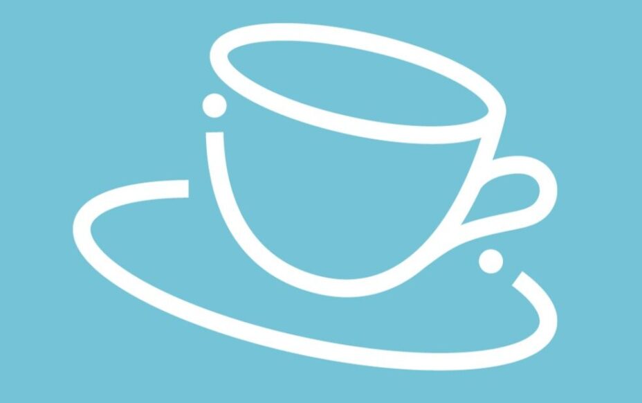 An white line illustration of a coffee cup on a light blue background