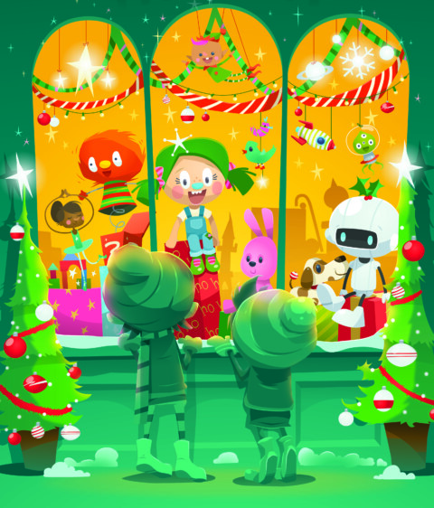 An illustration for the show The Christmas Toy Shop Mystery. It shows two small figures wrapped up in warm winter scarves and hats looking into a lit shop window with a Christmas tree placed either side. Inside the shop there are various presents and decorations, from an orange fluffy jack-in-the-box to a festive robot and an alien bauble.
